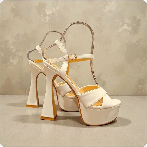 White Faux Leather Platform High Heel Sandals With Ankle Strap & Block Heel - Picture 1 of 7
